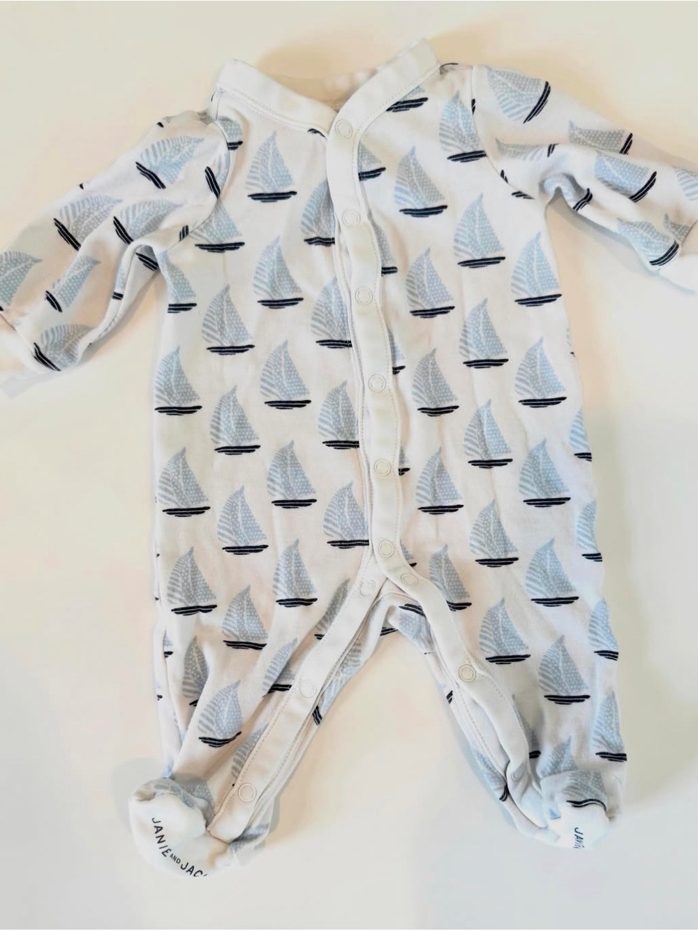 Janie and Jack White and Light Blue Sailboat Footed One-Piece